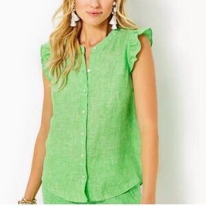 Lilly Pulitzer Gecko Green Briette Button Down 100% Linen Size XXS